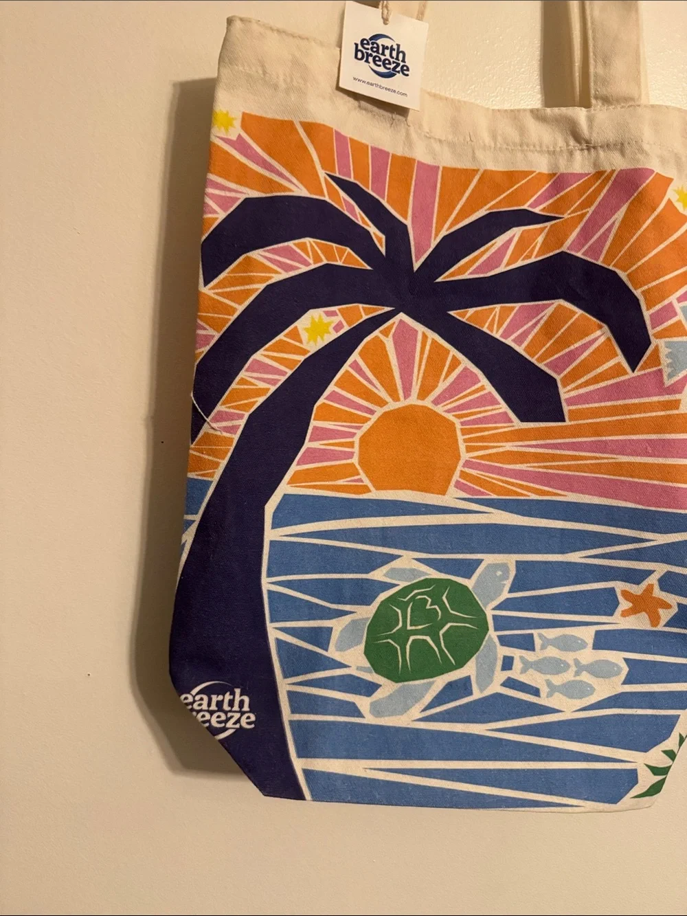 Earth Breeze Canvas Tote with Tropical Sunset Print NWT